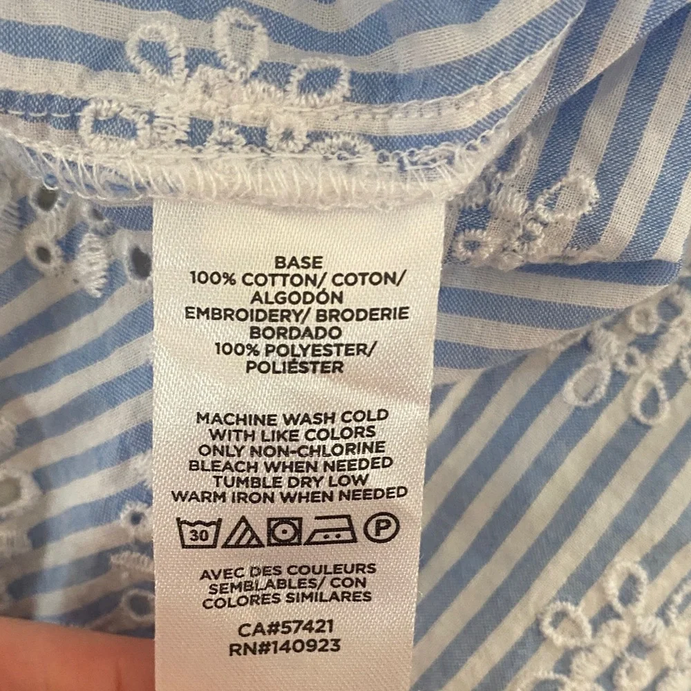 LOFT Blue White Stripe Eyelet Embroidered Square Neck Puff Sleeve Cotton Top S
